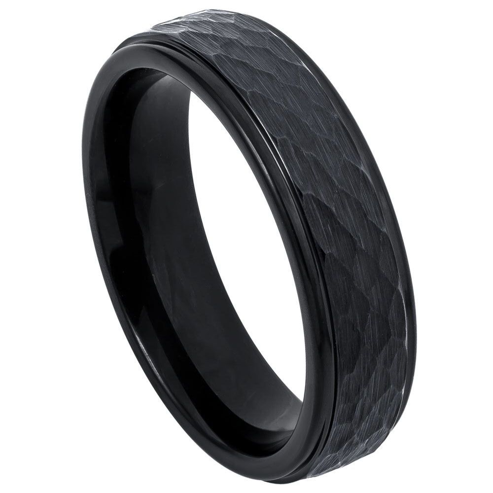 6mm Black IP Plated Tungsten Ring with Shiny Grooved Center and Brushed Beveled Edge