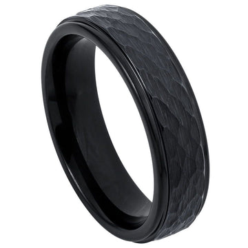 6mm Black IP Plated Tungsten Ring with Shiny Grooved Center and Brushed Beveled Edge