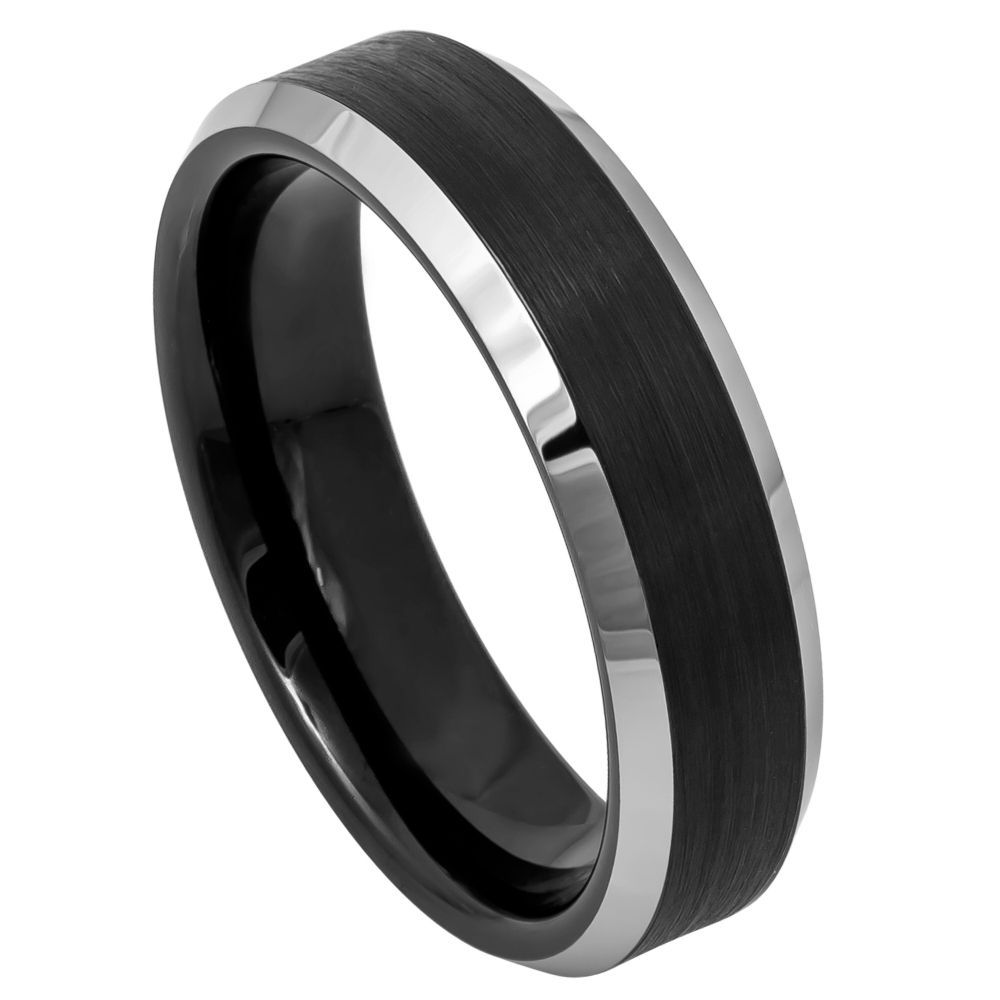 6mm Tungsten Ring Black IP Plated Brushed Center with Beveled Edge