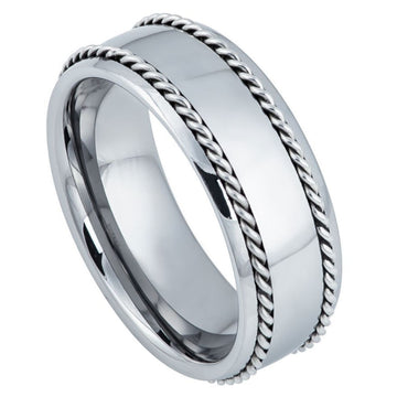8mm High Polished Semi-Domed Tungsten Ring with Rope Stainless Steel Inlay Sides