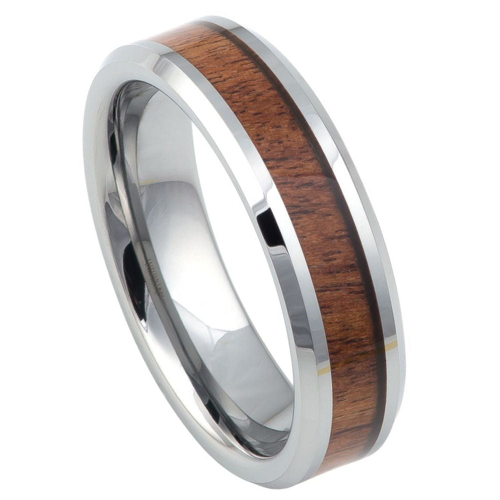 6mm High Polished Tungsten Ring with Mahogany Wood Inlay and Beveled Edge