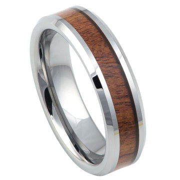 6mm High Polished Tungsten Ring with Mahogany Wood Inlay and Beveled Edge