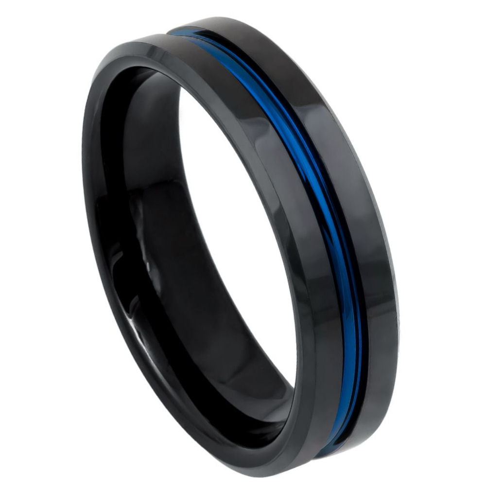 6mm Tungsten Ring with Black IP Plating and Blue Grooved Center