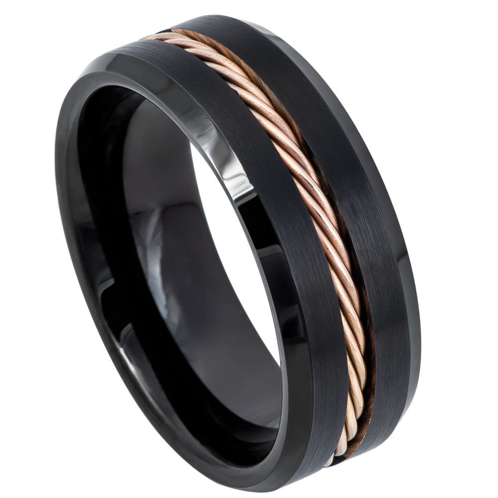 8mm Tungsten Ring Black IP Beveled Edge with Rose Gold IP Rope Inlay