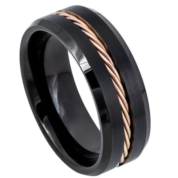 8mm Tungsten Ring Black IP Beveled Edge with Rose Gold IP Rope Inlay