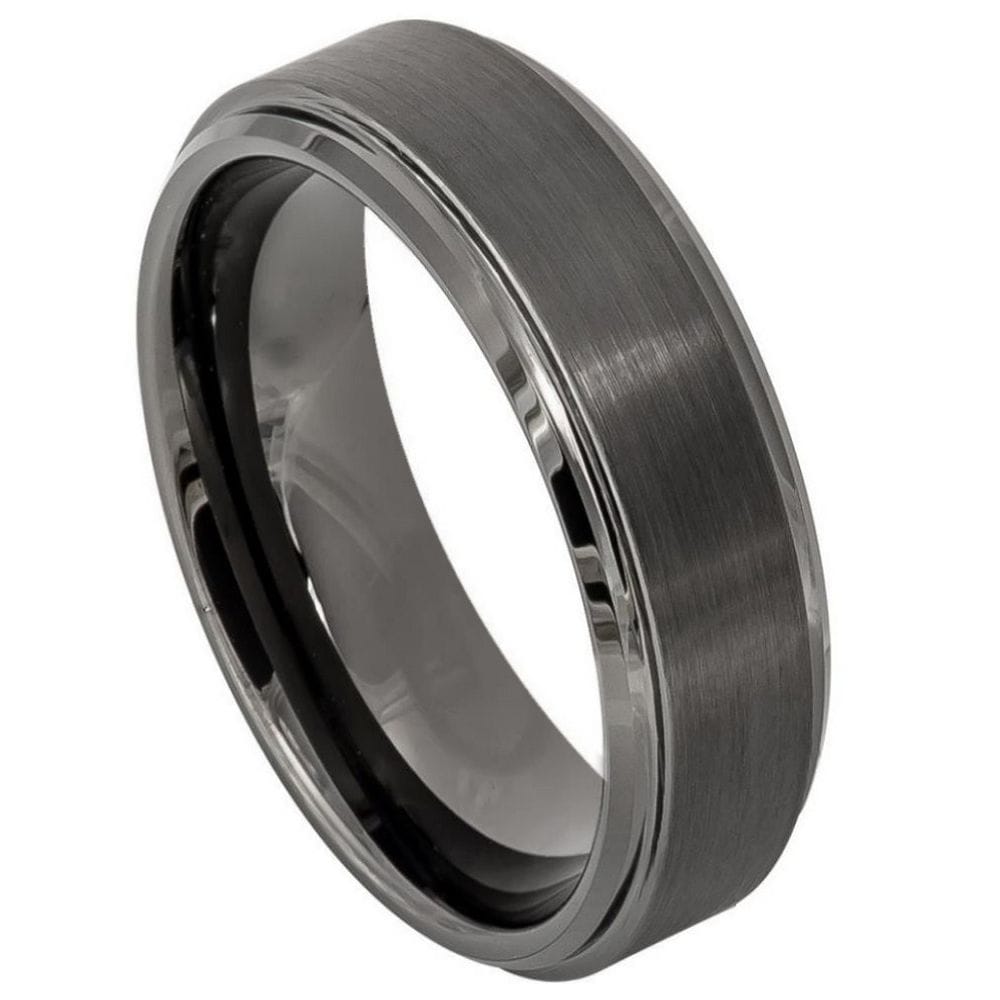 6mm Tungsten Ring - Gun Metal IP Plated Brushed Center with High Polish Stepped Beveled Edge