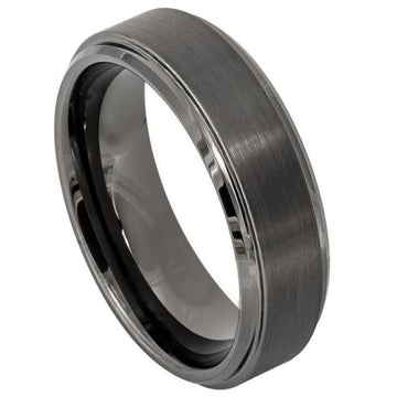 6mm Tungsten Ring - Gun Metal IP Plated Brushed Center with High Polish Stepped Beveled Edge