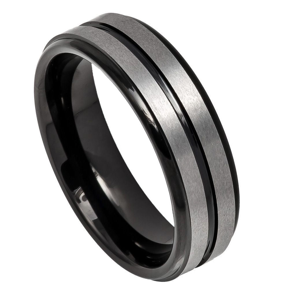 6mm Two-Tone Tungsten Ring with Black IP Plated Center, Grooved Brushed Finish & Stepped Edge