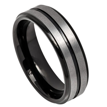 6mm Two-Tone Tungsten Ring with Black IP Plated Center, Grooved Brushed Finish & Stepped Edge
