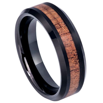 6mm Black IP Plated Tungsten Ring with Hawaiian Koa Wood Inlay and Beveled Edge
