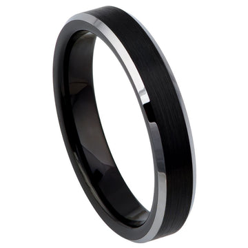 4mm Tungsten Carbide Ring, Black IP Plated Brushed Center with High Polish Beveled Edge