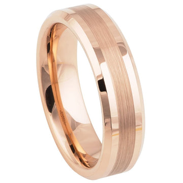 6mm Tungsten Ring Rose Gold IP Plated Brushed Center Beveled Edge