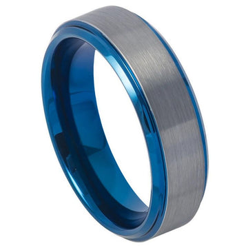 6mm Blue IP Plated Tungsten Ring with Beveled Edge and Brushed Gun Metal Finish