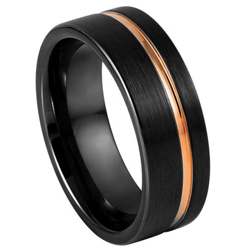 8mm Tungsten Ring Black IP Brushed Pipe-Cut with Off-Center Rose Gold IP Groove