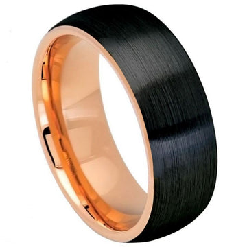 8mm Two-Tone Tungsten Dome Ring with Rose Gold IP and Brushed Black IP Plating