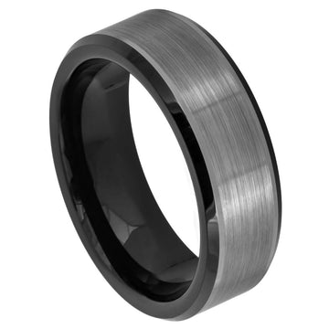 8mm Two-Tone Tungsten Ring with Brushed Center and Beveled Edge