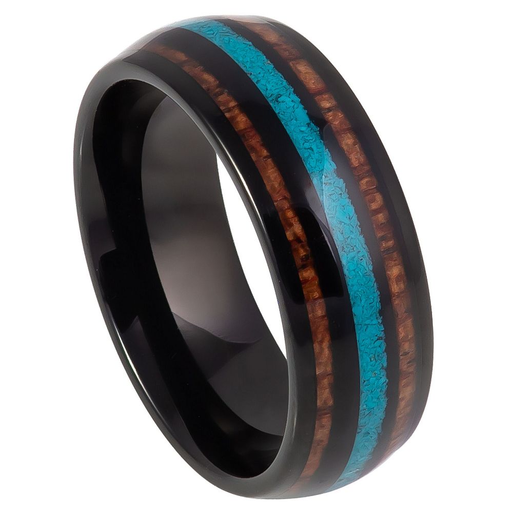 8mm Tungsten Ring Black IP Plated with Koa Wood & Crushed Turquoise Inlay