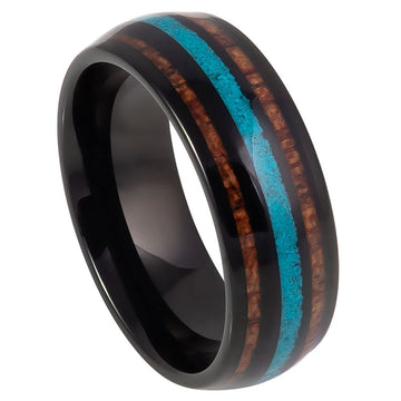 8mm Tungsten Ring Black IP Plated with Koa Wood & Crushed Turquoise Inlay