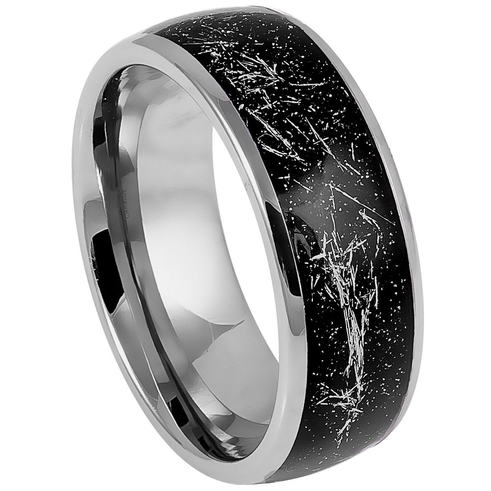 8mm Tungsten Domed Ring with Black Carbon Fiber Inlay and Metallic Shavings