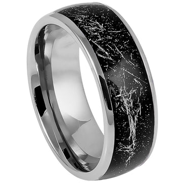 8mm Tungsten Domed Ring with Black Carbon Fiber Inlay and Metallic Shavings