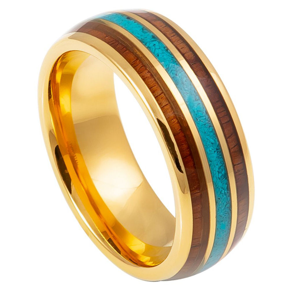 8mm Tungsten Ring with Yellow Gold IP Plating, Rosewood & Crushed Turquoise Inlay