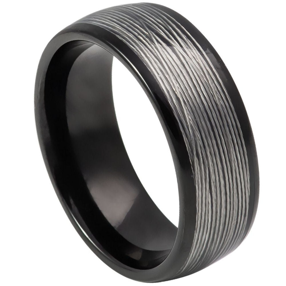 8mm Domed Tungsten Ring with Black IP Plated Rolled Wire Inlay