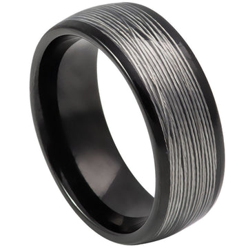 8mm Domed Tungsten Ring with Black IP Plated Rolled Wire Inlay