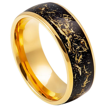 8mm Tungsten Yellow Gold IP Plated Domed Ring with Imitation Meteorite Inlay