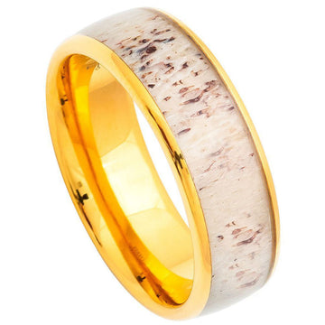 8mm Domed Tungsten Ring with Yellow Gold IP Plated Real Deer Antler Inlay