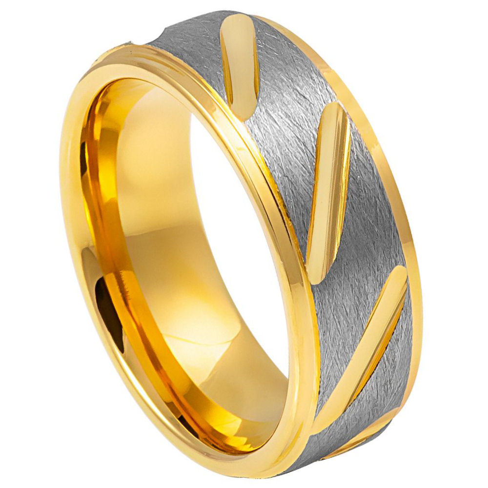 8mm Two-Tone Gray & Yellow IP Plated Tungsten Notched Ring
