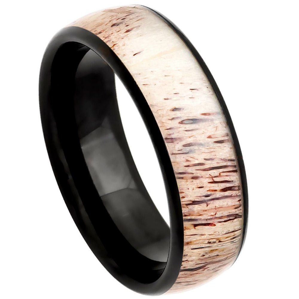 8mm Domed Tungsten Ring with Black IP Plating and Real Deer Antler Inlay