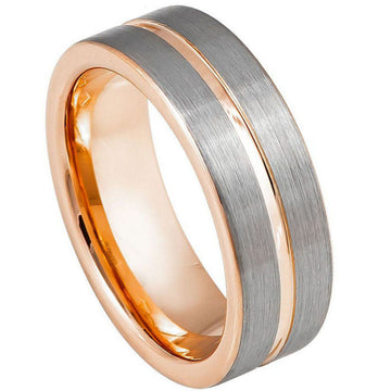 8mm Two-Tone Tungsten Ring with Rose Gold IP Plated Inside and Groove Pipe-Cut Design