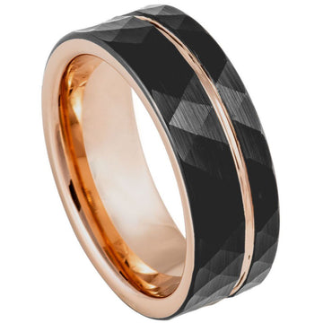 8mm Tungsten Ring – Rose Gold & Black IP Plated Faceted Groove