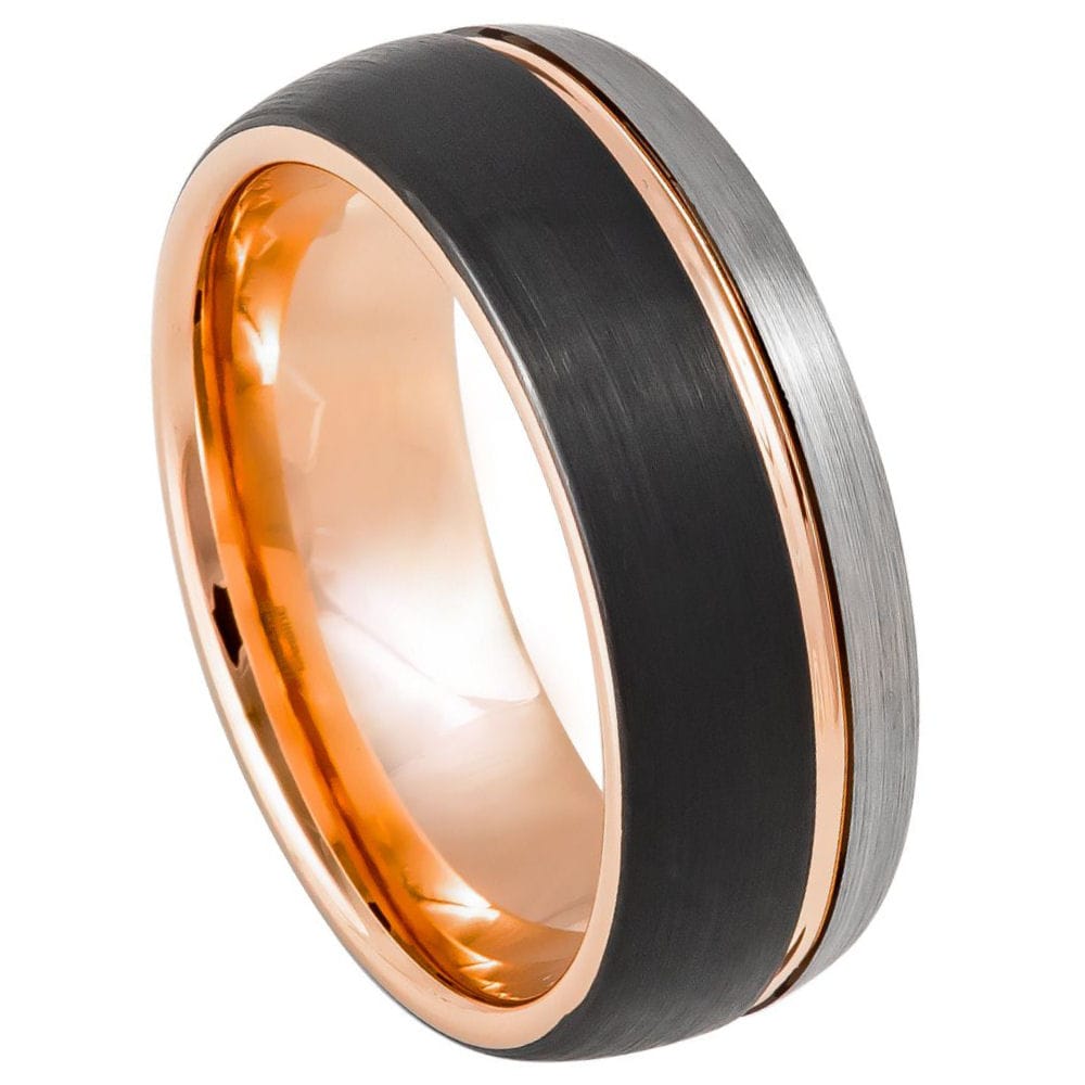 8mm Domed Tungsten Ring – Three-Tone Natural, Rose Gold & Black IP Plated with Brushed Grooved Center