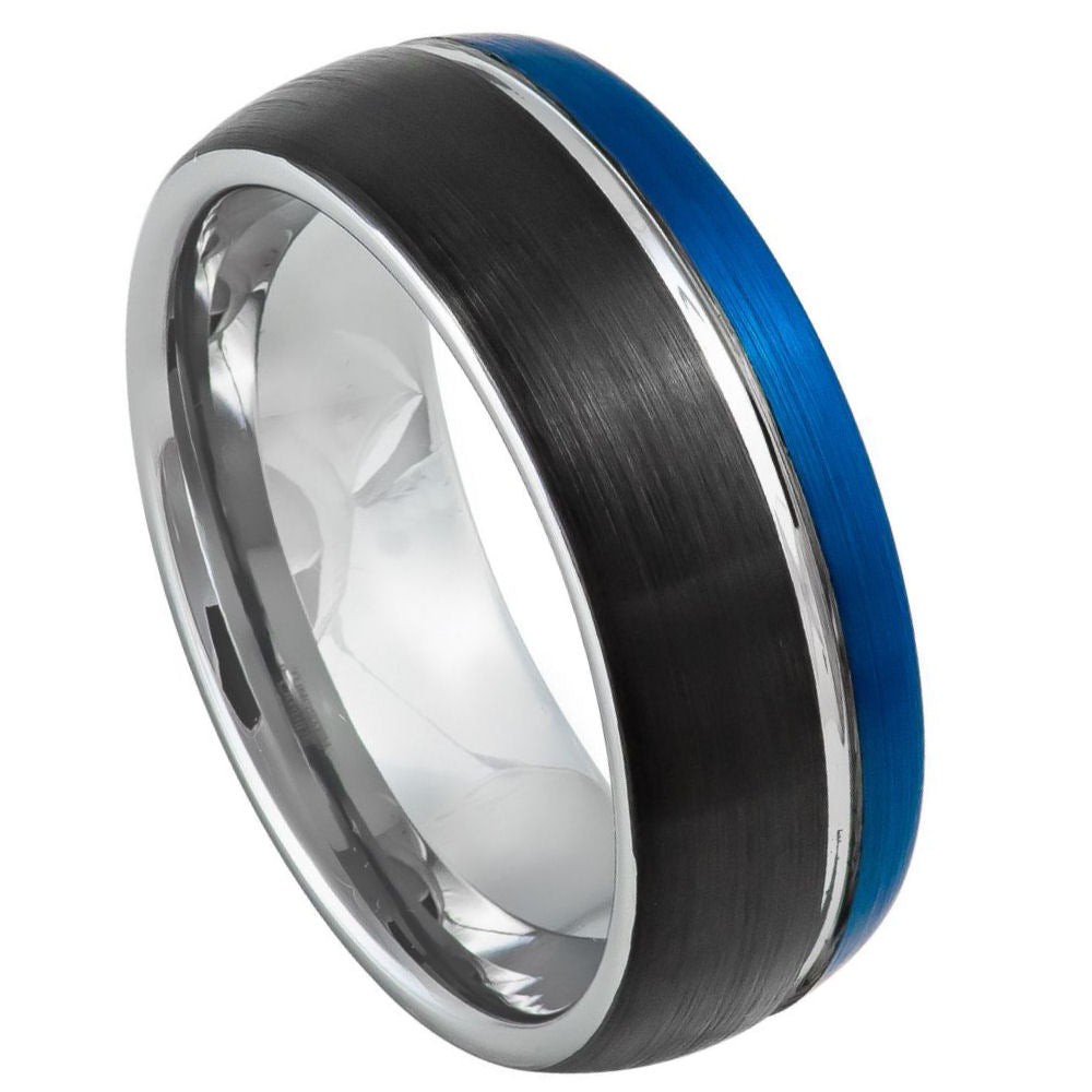 8mm Domed Three-Tone Tungsten Ring with Brushed Grooved Center