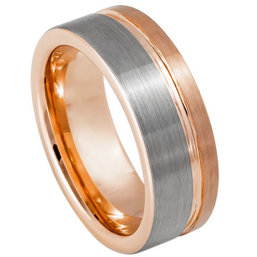 8mm Tungsten Ring with Off-Center Groove and Rose Gold IP Plating