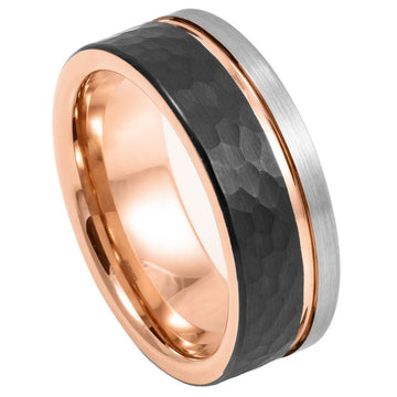 8mm Tungsten Ring Rose Gold & Black IP Plated Faceted Grooved Center