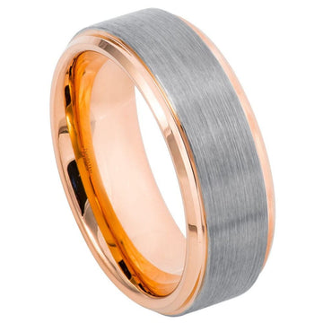 8mm Tungsten Ring – Rose Gold IP Plated, Gun Metal Brushed Finish, Beveled Edge
