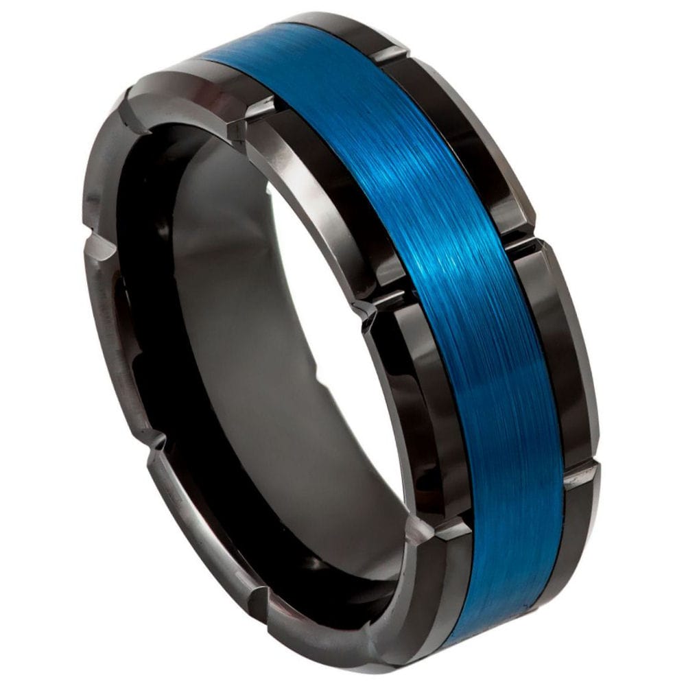 8mm Tungsten Ring – Brushed Center, Shiny Edges, Black & Blue IP Plating