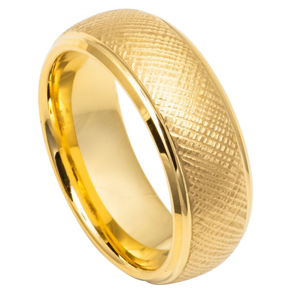 8mm Tungsten Ring with Yellow Gold IP Florentine Finish and Domed Stepped Edge