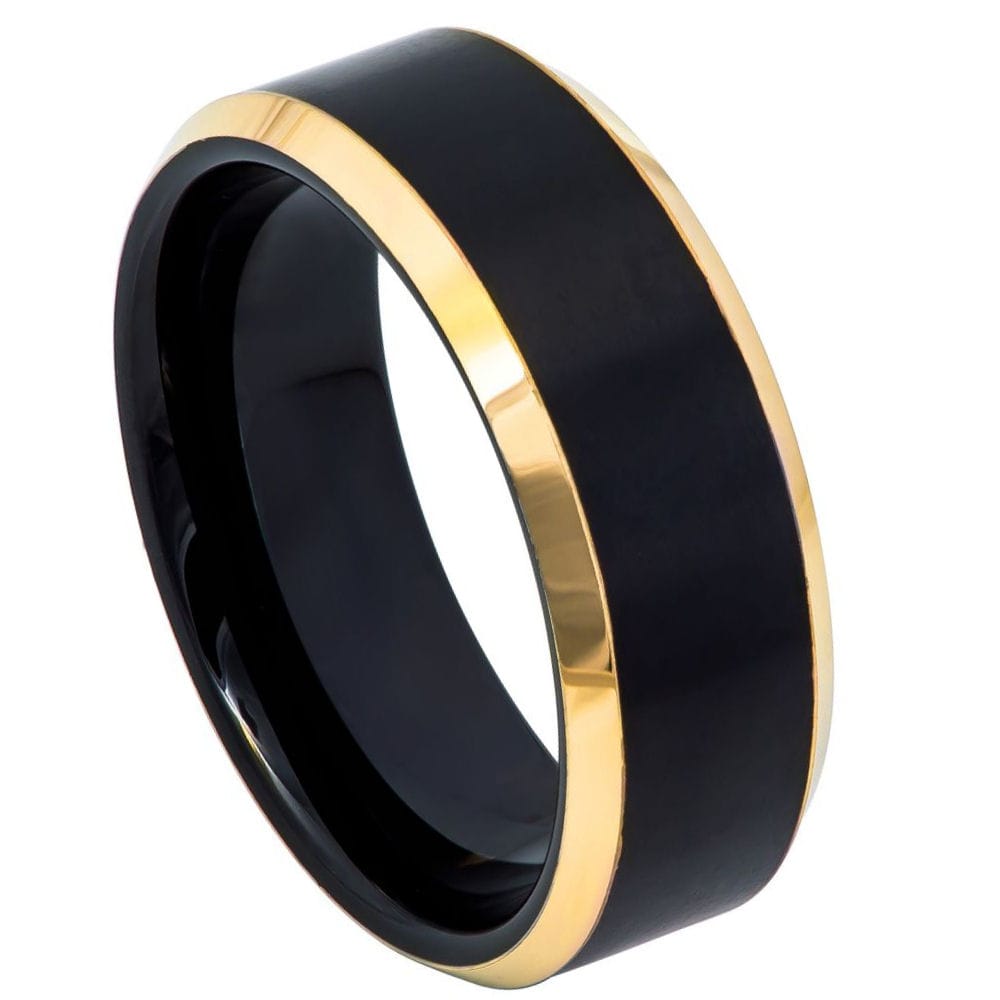 8mm Tungsten Two-Tone Black and Yellow Gold IP Ring, Brushed Center with Beveled Edge