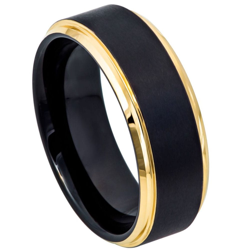 8mm Two-Tone Tungsten Ring with Black & Yellow Gold IP Brushed Center and Stepped Edge