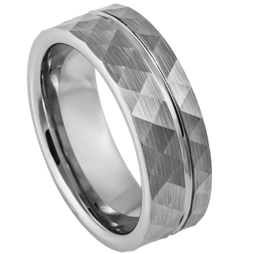 8mm Tungsten Faceted Ring with Off-Center Groove