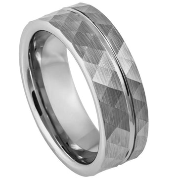 8mm Tungsten Faceted Ring with Off-Center Groove