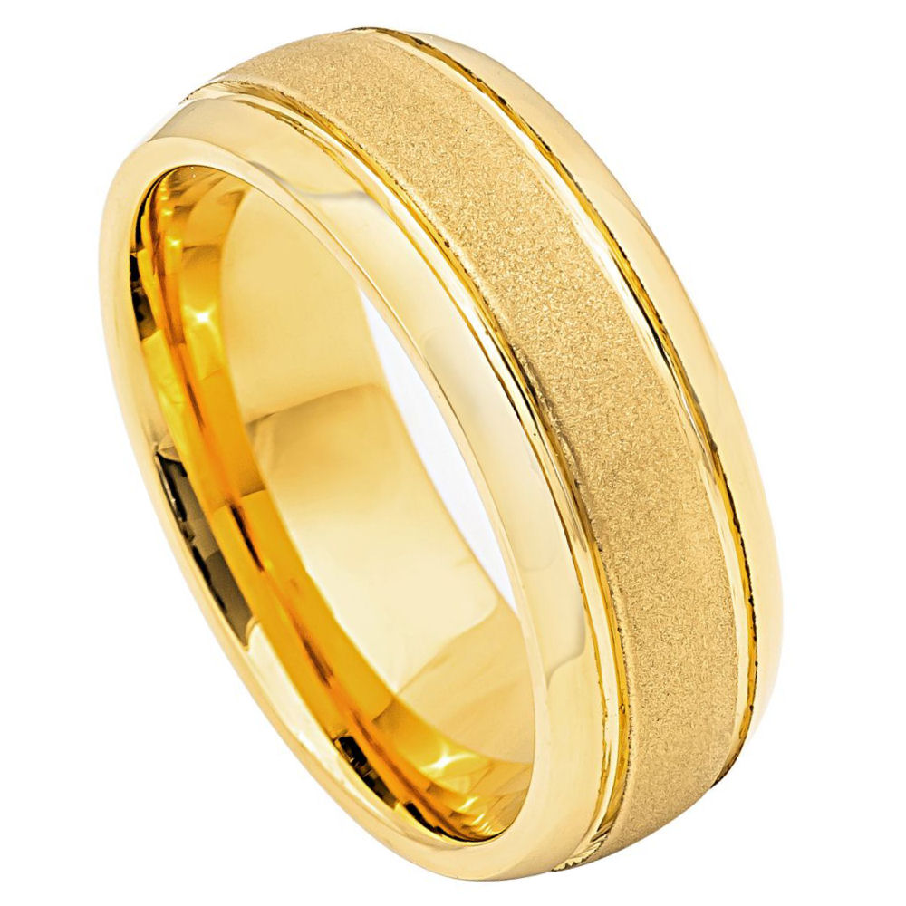 8mm Tungsten Ring with Yellow Gold IP and Sandstone Finish