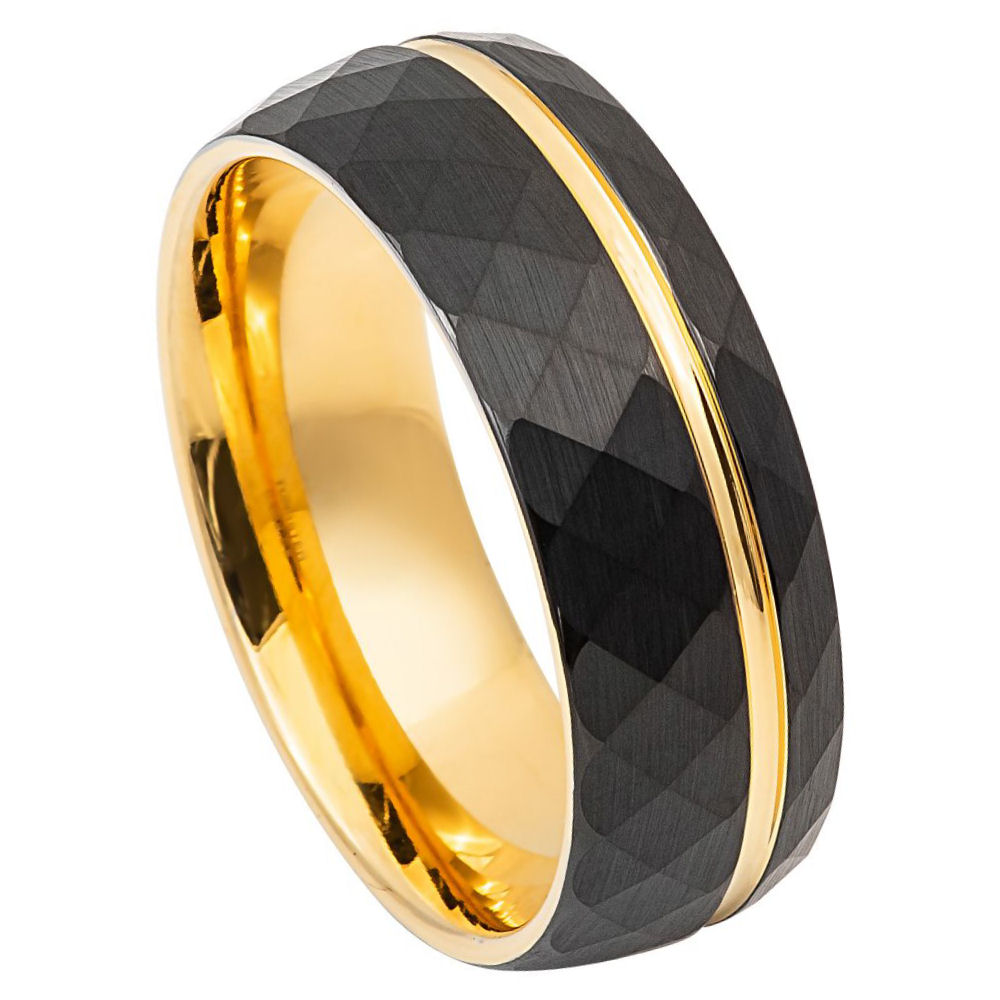 8mm Tungsten Ring – Brushed Yellow Gold with Faceted Black IP Plating and Off-Center Groove