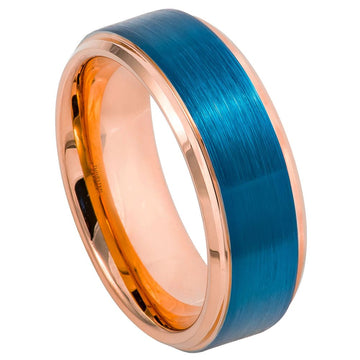 Tungsten Two-Tone Rose & Blue IP Stepped Edge Ring – 8mm