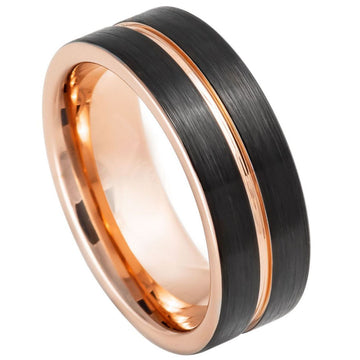 Tungsten Two-Tone Rose & Black IP Grooved Pipe-Cut Ring, 8mm