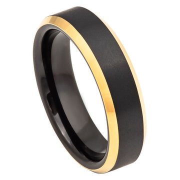 6mm Two-Tone Tungsten Ring with Black and Yellow Gold IP, Brushed Center & Beveled Edge