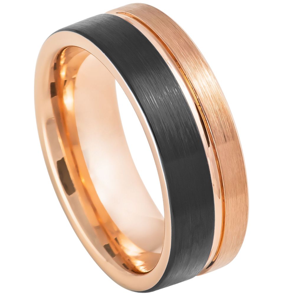 8mm Tungsten Two-Tone Rose & Black IP Grooved Pipe-Cut Ring